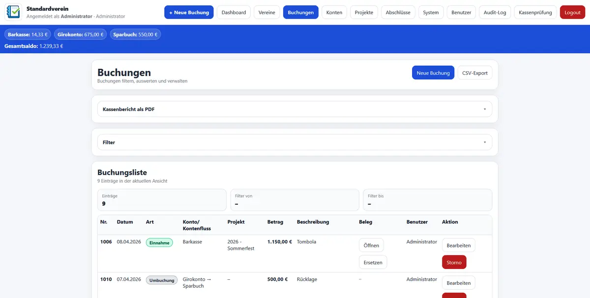 Buchungsansicht von MeinKassenbuch
