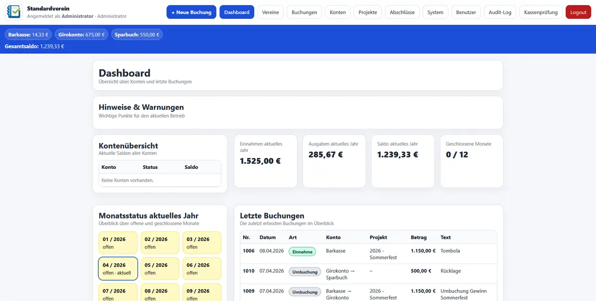 Dashboard von MeinKassenbuch